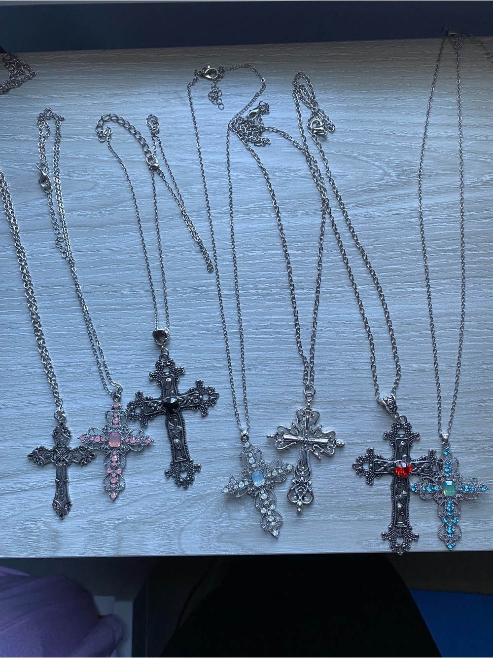 Ornate Silver Cross Pendant Necklace with Colored Gem Accents - Pink/Blue/Red